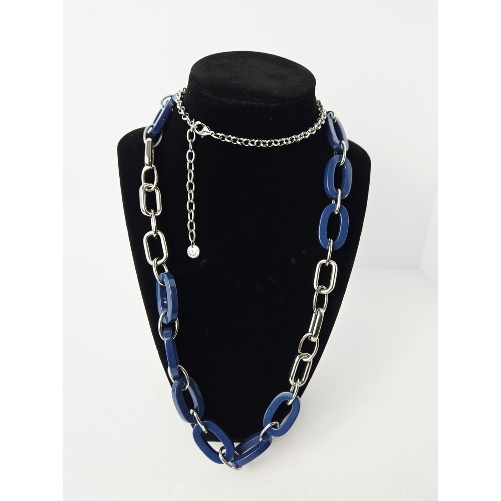 Talbots blue silver tone link necklace long mixed‎ chain